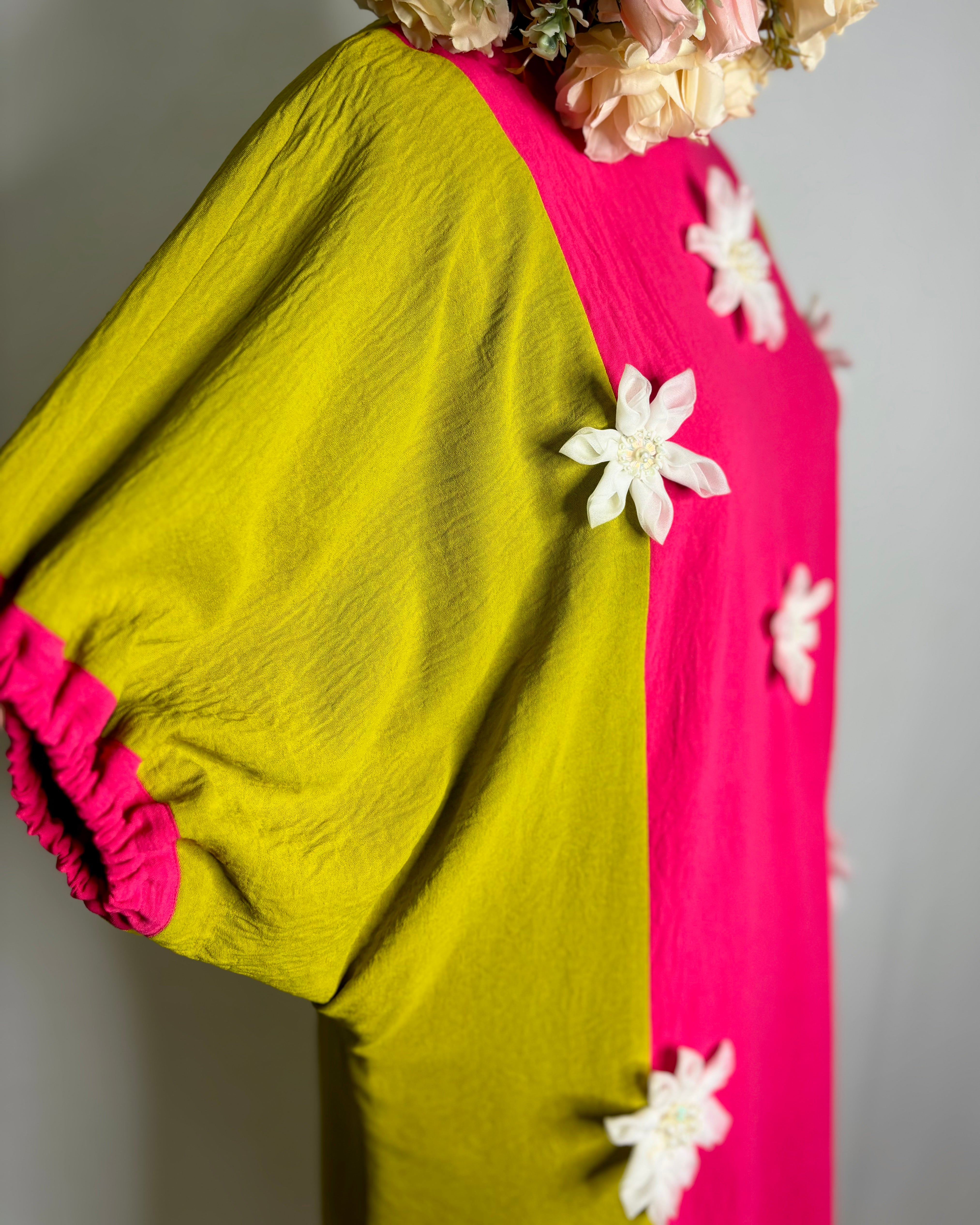 Elegant Dolman Sleeve Dress with White Organza Flower Detailing