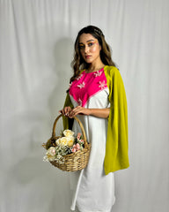 Cape Sleeve Dress with Pink Organza Flower Detailing – Elegant Designer Wear