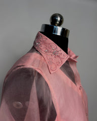 Baby Pink Organza Shirt with Silver & Pink Embroidery on Collar and Cuffs | Elegant Designer Top for Women