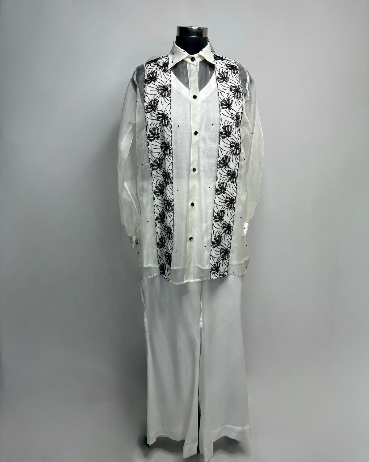 White Organza Hand-Embroidered Designer Shirt with Crepe Bell-Bottom Pants | Premium Party Wear Co-Ord Set