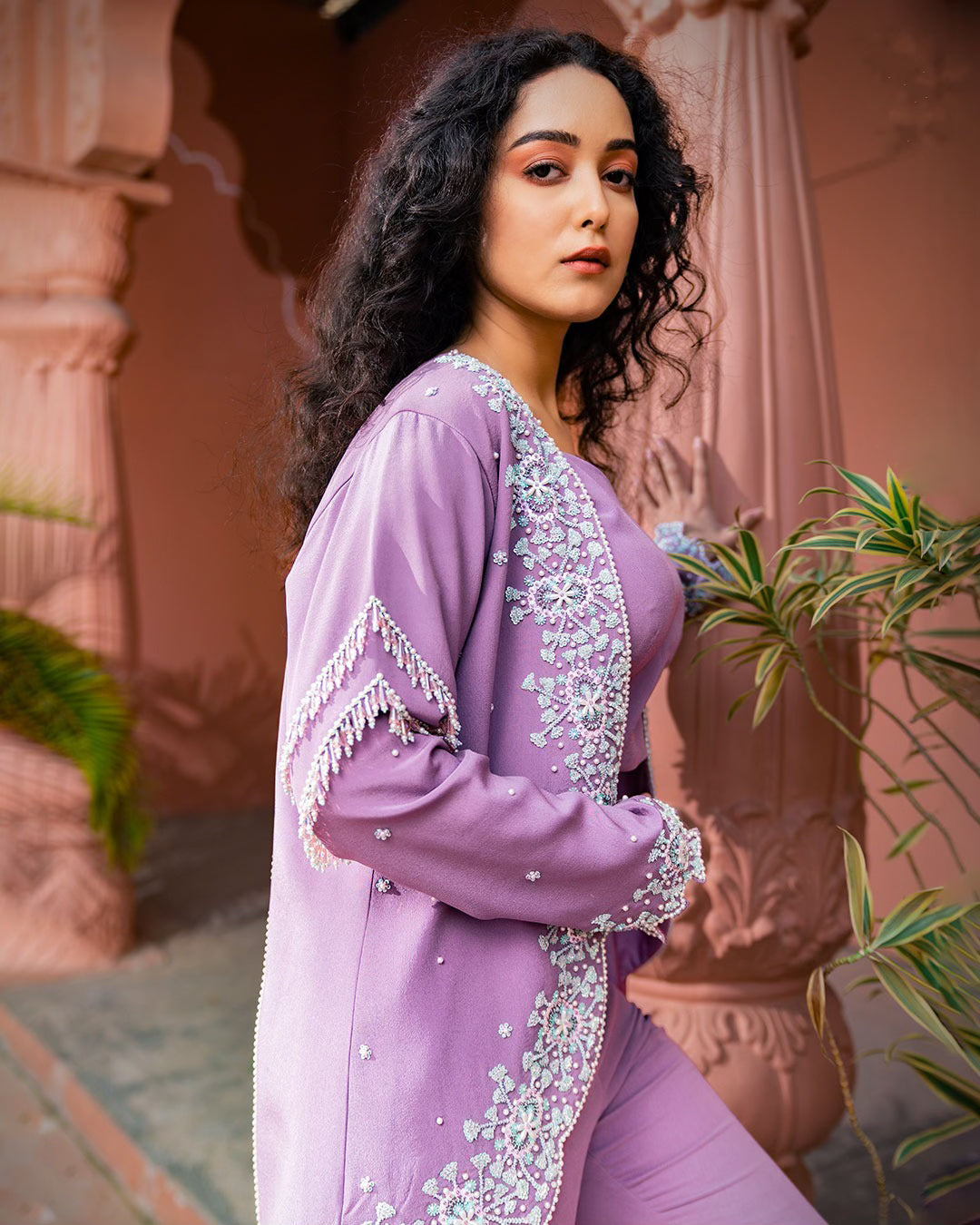 Lavender Three-Piece Set | Elegant Co-Ord with Cape for Women