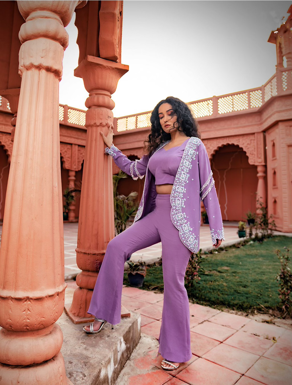 Lavender Three-Piece Set | Elegant Co-Ord with Cape for Women